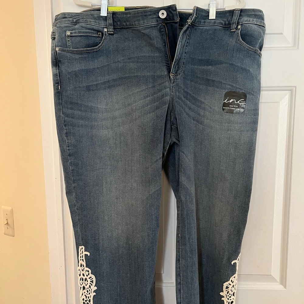 INC Cropped denim, jeans with ivory lace trim on the bottom . Side 22